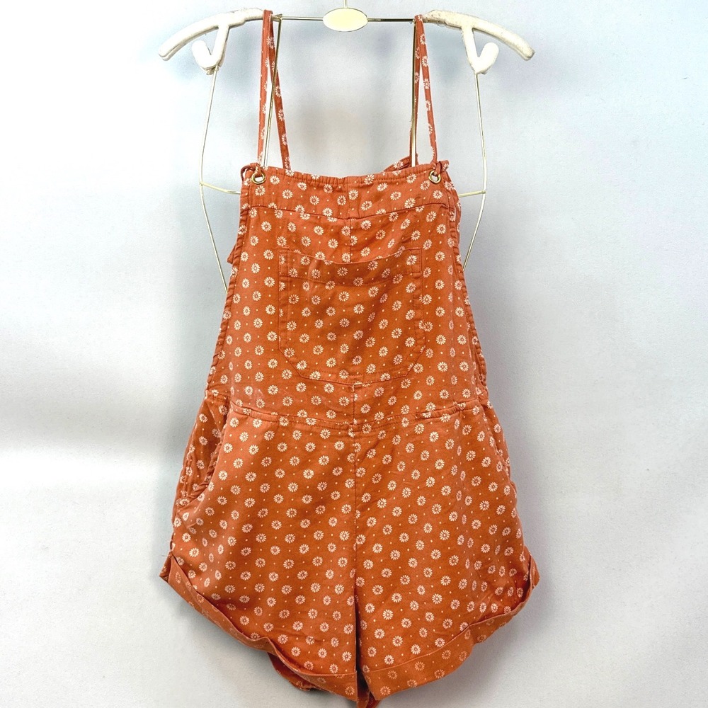 Billabong Womens Small Burnt Orange Daisy Floral Print Overall Romper Shorts